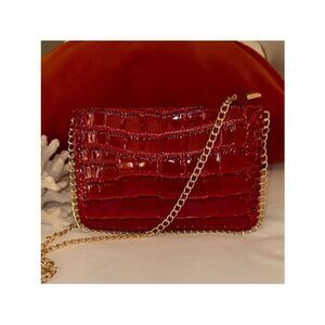 bon voyage Cherry Red Croc Faux Leather  Crossbody Link Chain Trim Bag Purse